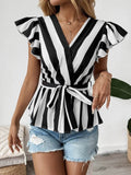 Striped Wrap Blouse with Flutter Sleeves - Stylish Surplice Design - EBYNN