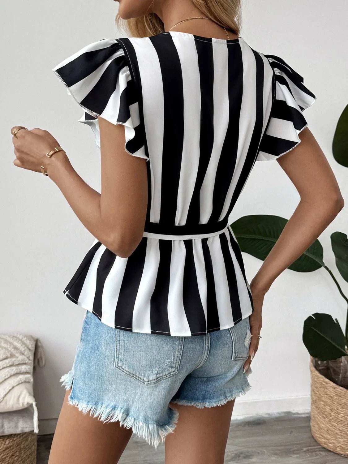 Striped Wrap Blouse with Flutter Sleeves - Stylish Surplice Design - EBYNN