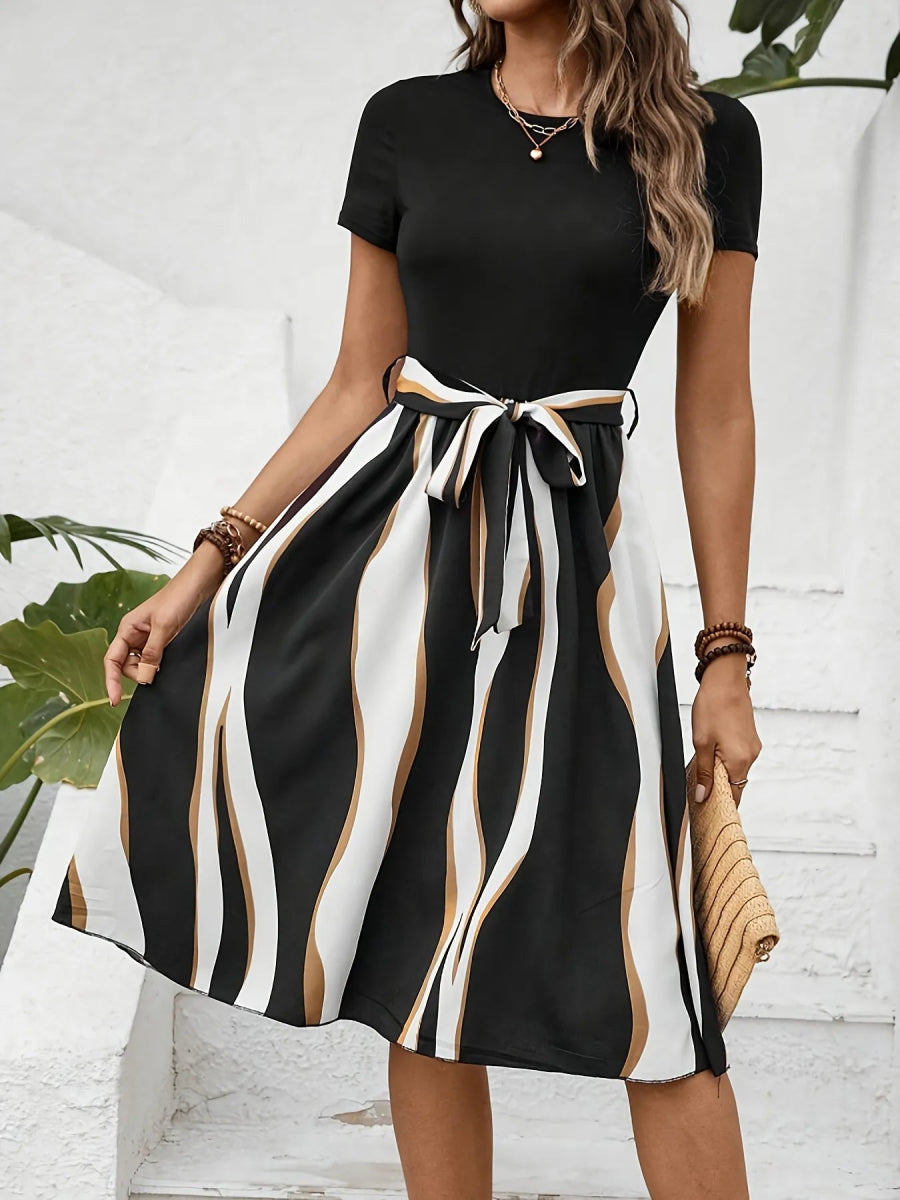 Striped Short Sleeve Tie Waist Dress.