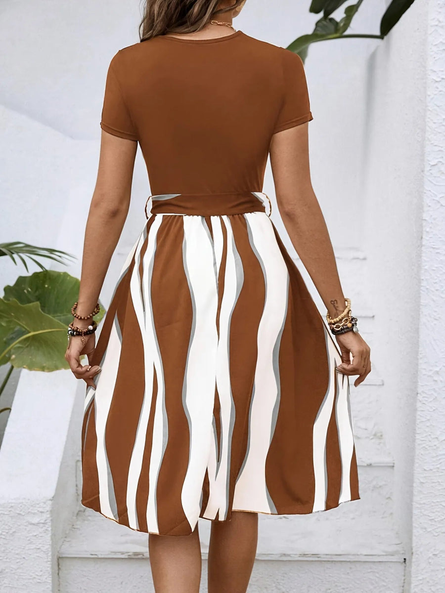 Striped Short Sleeve Tie Waist Dress.