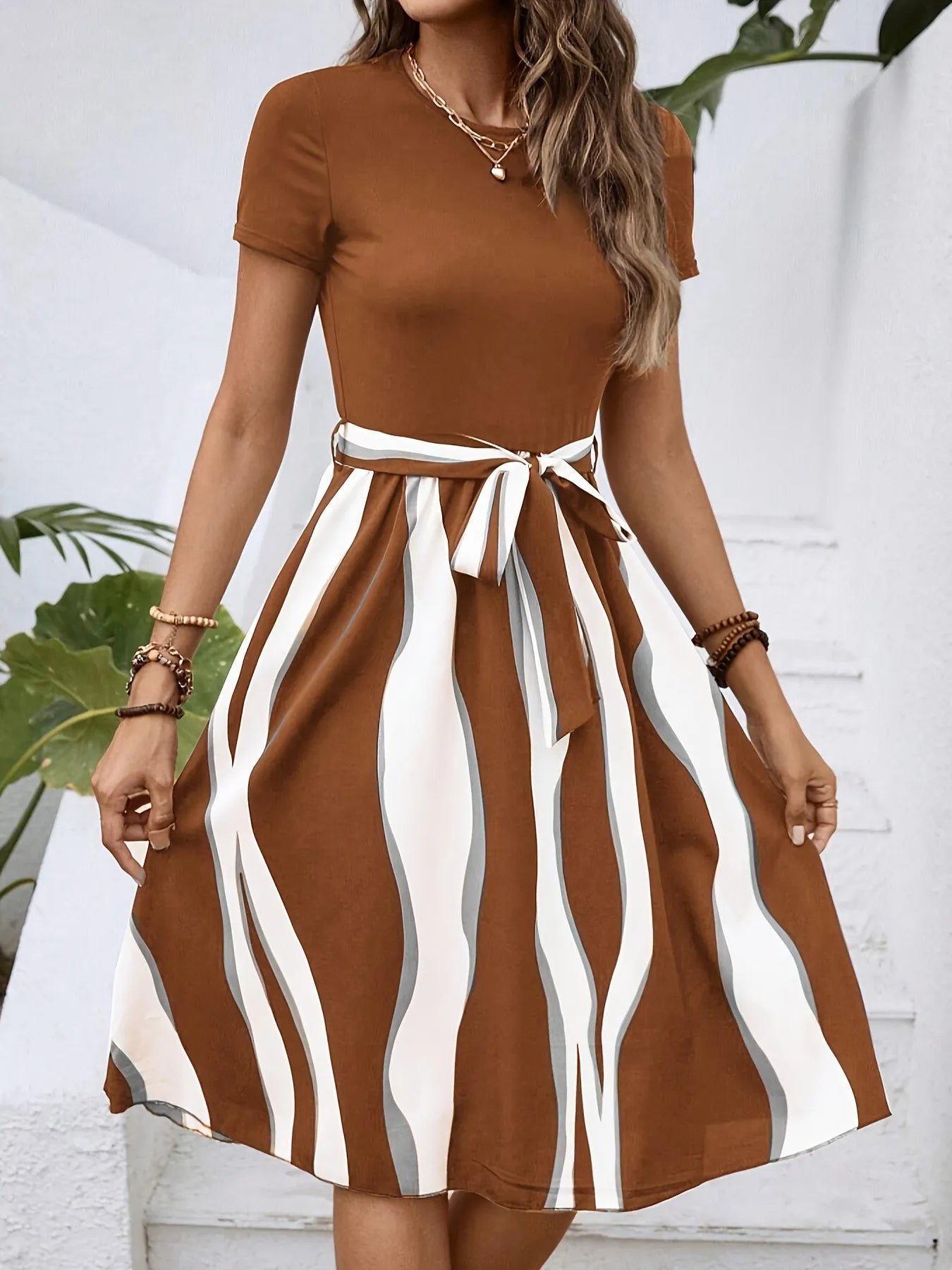 Striped Short Sleeve Tie Waist Dress.