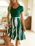 Striped Short Sleeve Tie Waist Dress.