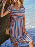 Striped V-Neck Short Sleeve Dress.