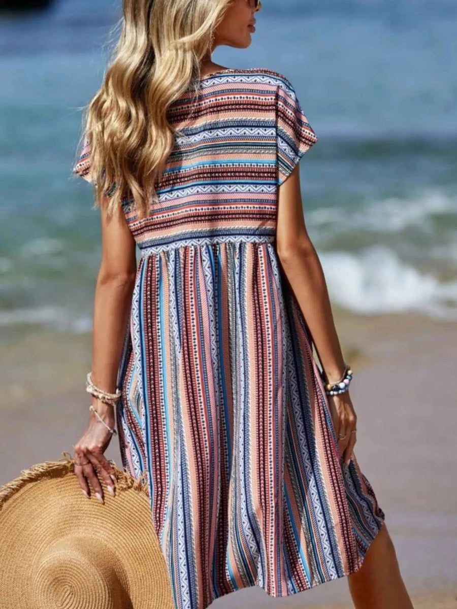 Striped V-Neck Short Sleeve Dress.