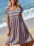 Striped V-Neck Short Sleeve Dress.