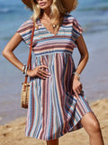 Striped V-Neck Short Sleeve Dress.