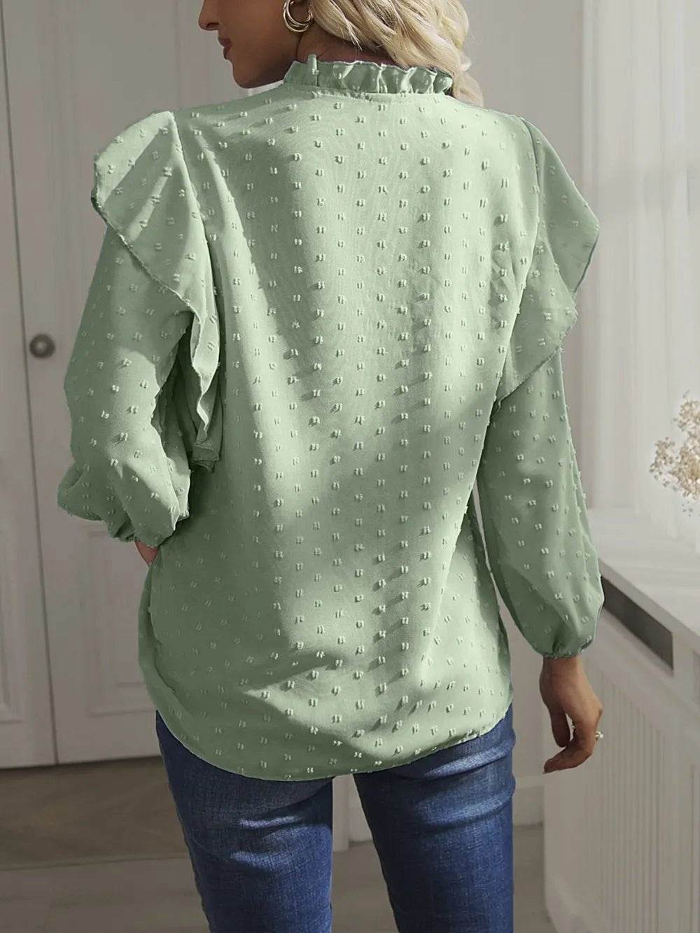 Swiss Dot Ruffled Blouse with Long Sleeves - Stylish and Elegant - EBYNN