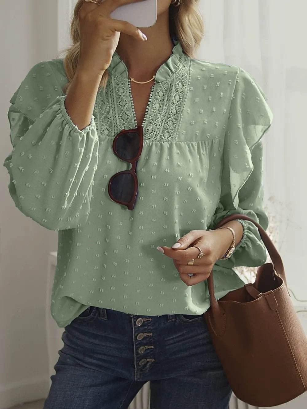 Swiss Dot Ruffled Blouse with Long Sleeves - Stylish and Elegant - EBYNN