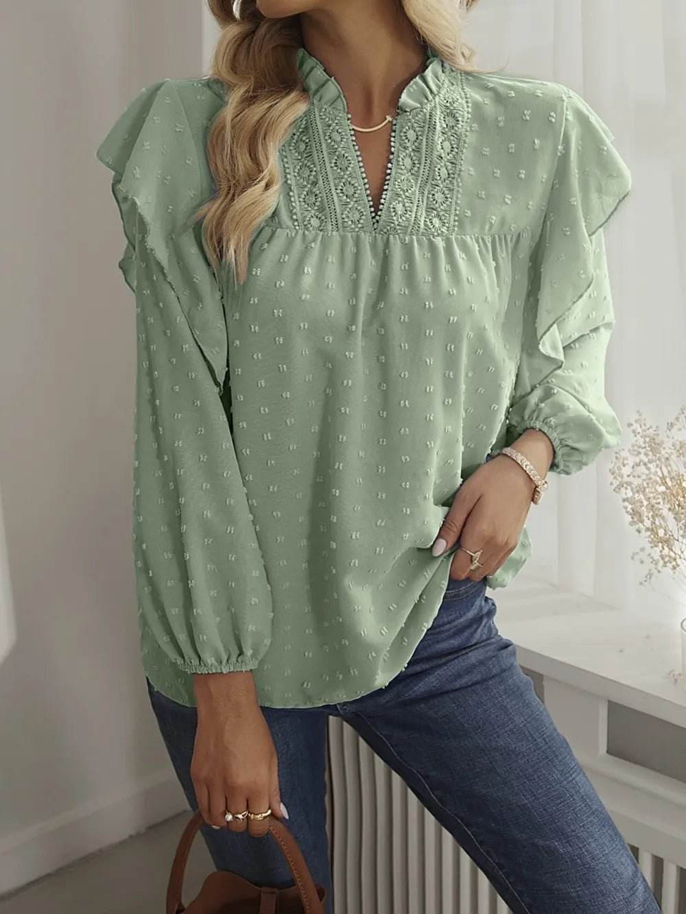 Swiss Dot Ruffled Blouse with Long Sleeves - Stylish and Elegant - EBYNN