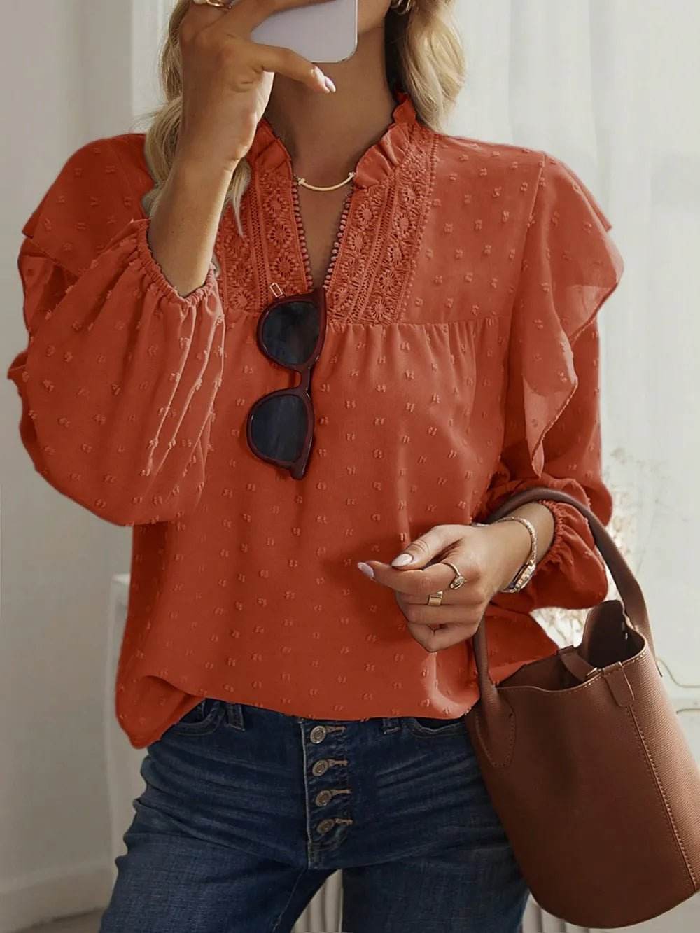 Swiss Dot Ruffled Blouse with Long Sleeves - Stylish and Elegant - EBYNN