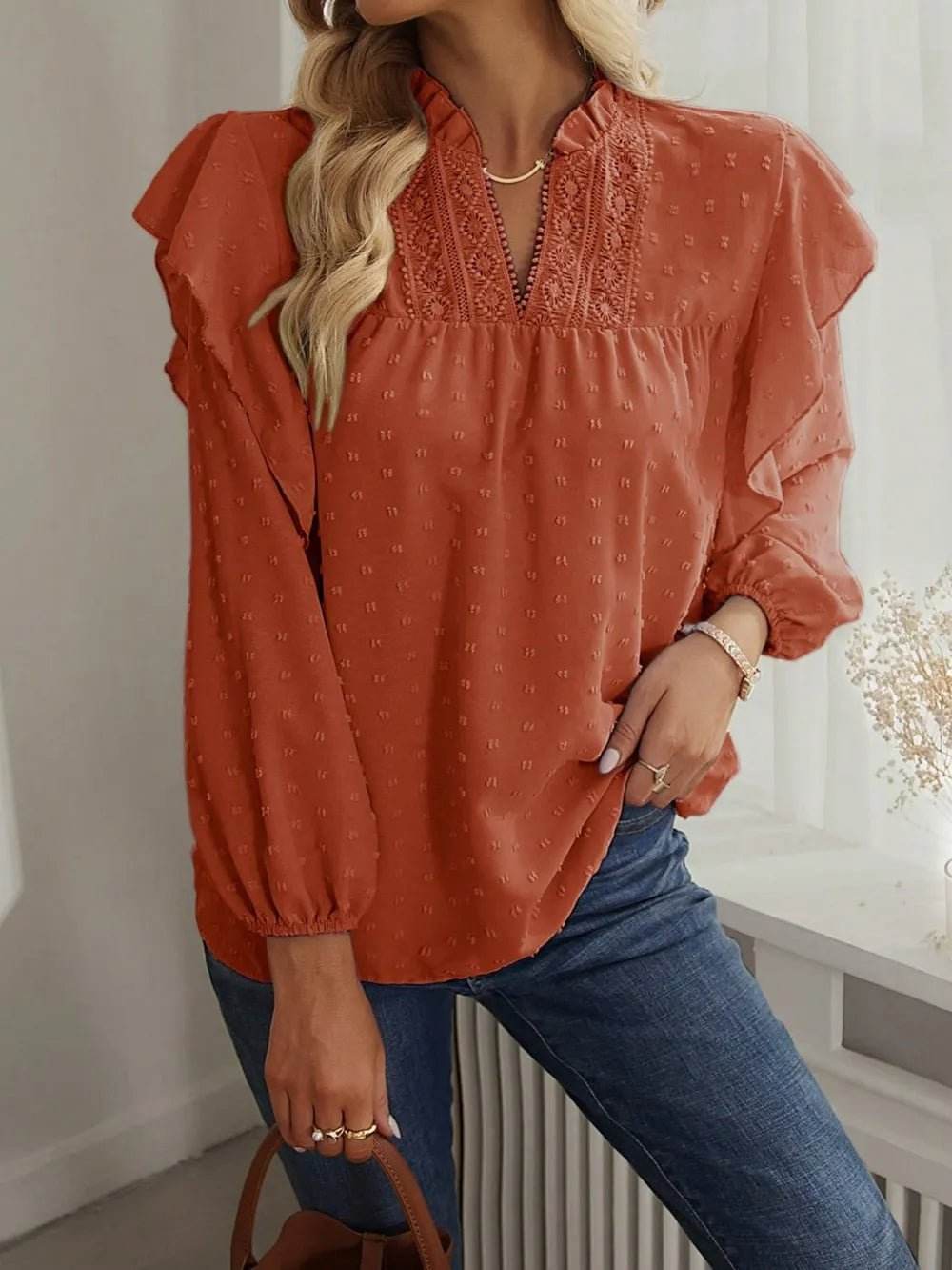 Swiss Dot Ruffled Blouse with Long Sleeves - Stylish and Elegant - EBYNN
