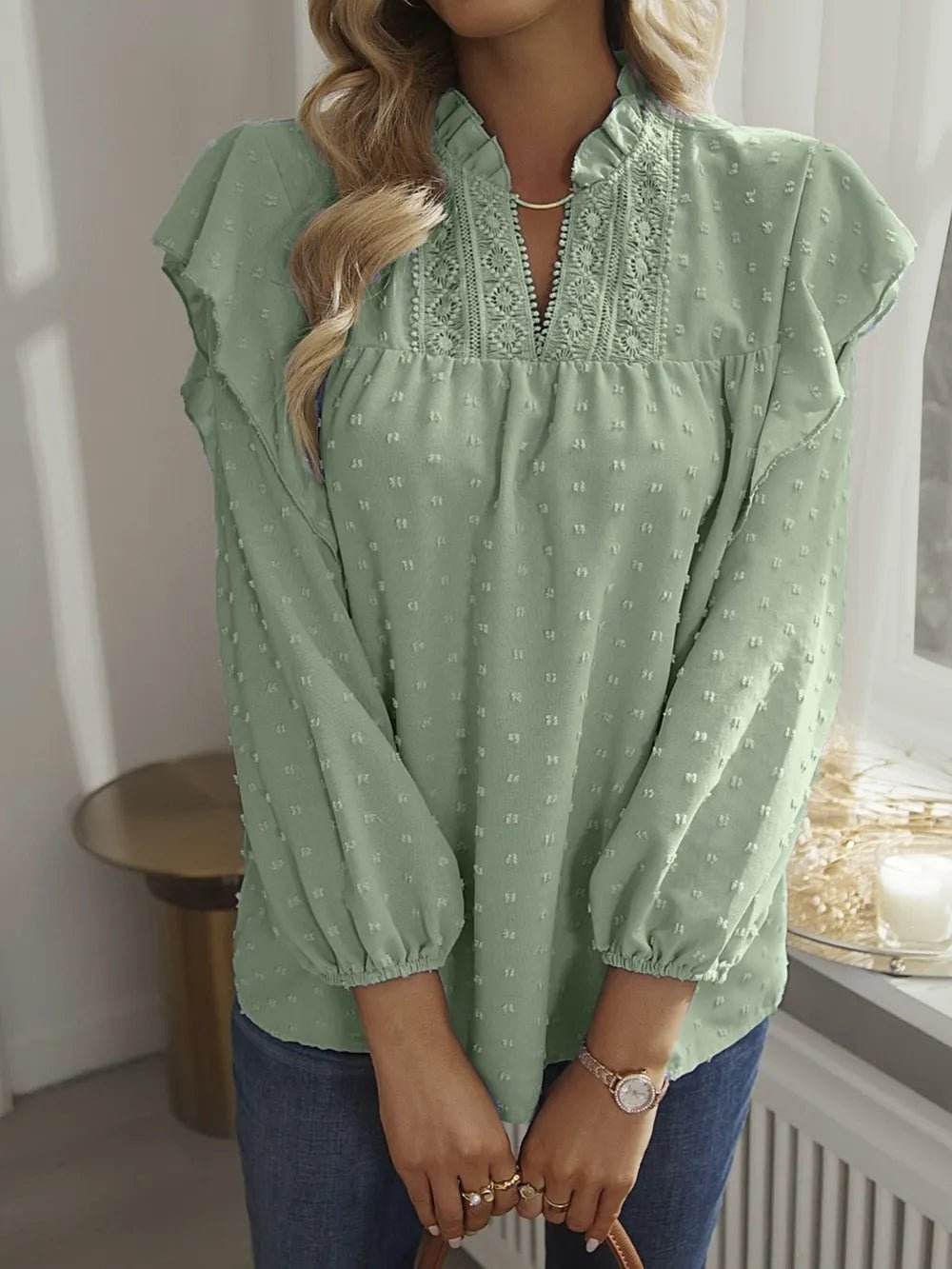 Swiss Dot Ruffled Blouse with Long Sleeves - Stylish and Elegant - EBYNN