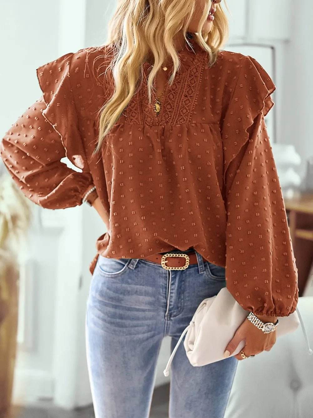 Swiss Dot Ruffled Blouse with Long Sleeves - Stylish and Elegant - EBYNN