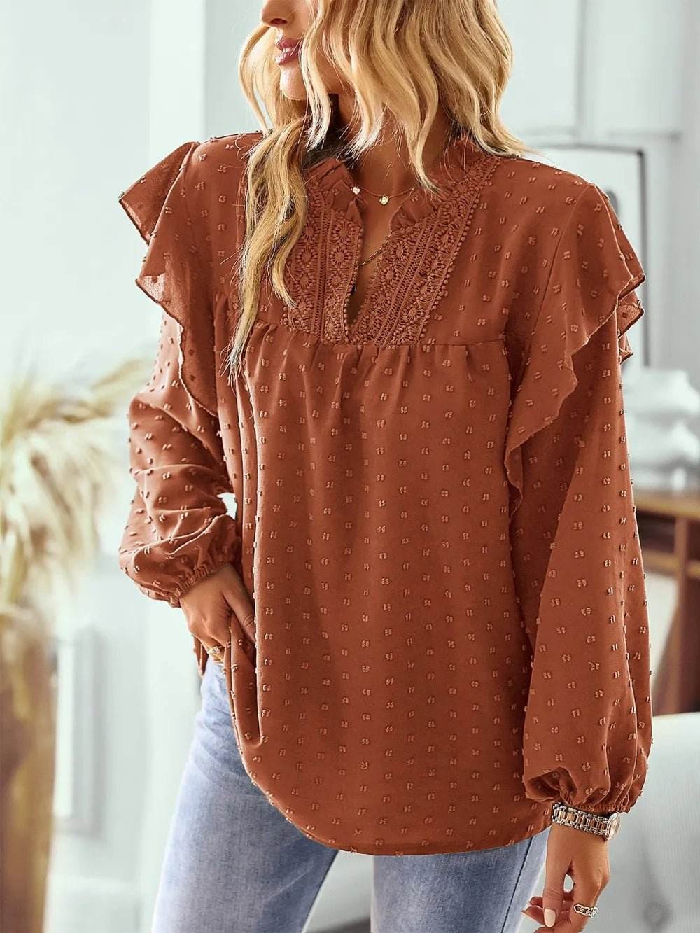 Swiss Dot Ruffled Blouse with Long Sleeves - Stylish and Elegant - EBYNN