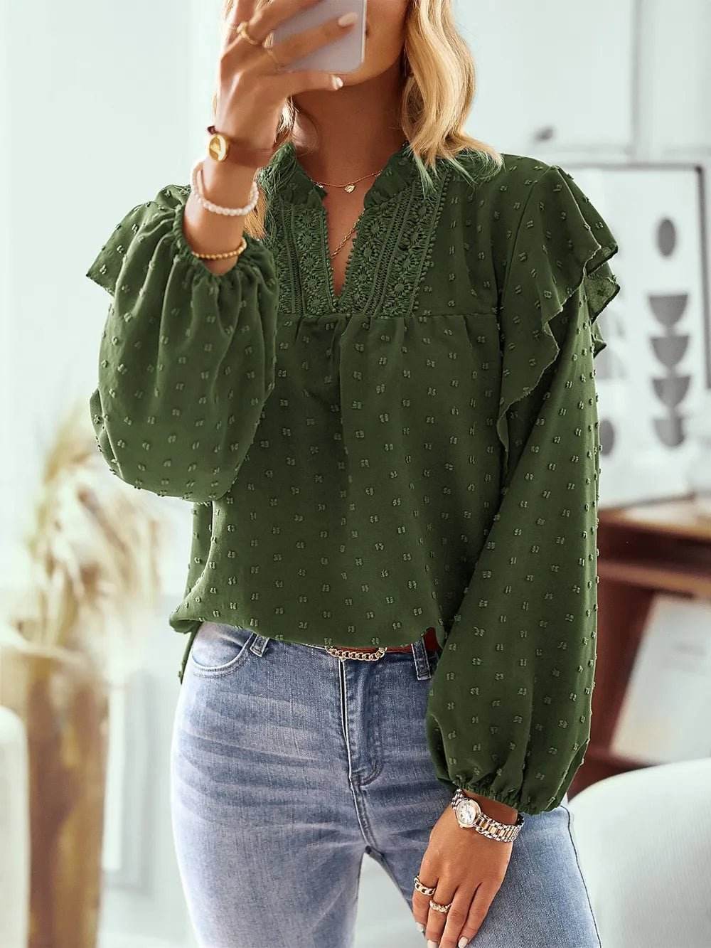 Swiss Dot Ruffled Blouse with Long Sleeves - Stylish and Elegant - EBYNN