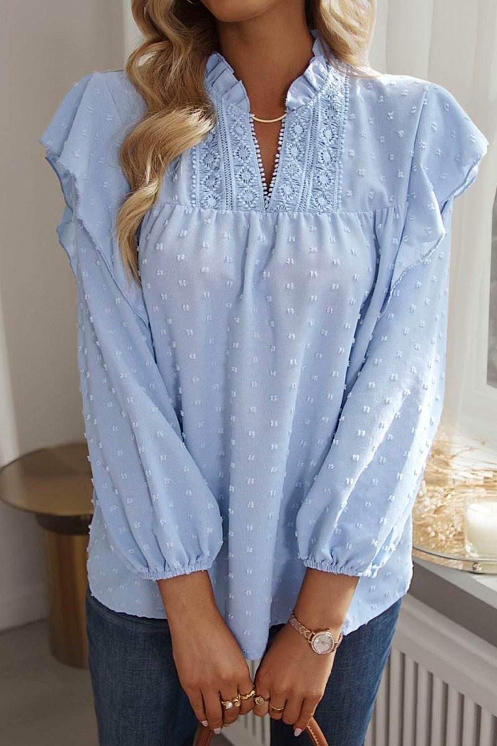 Swiss Dot Ruffled Blouse with Long Sleeves - Stylish and Elegant - EBYNN