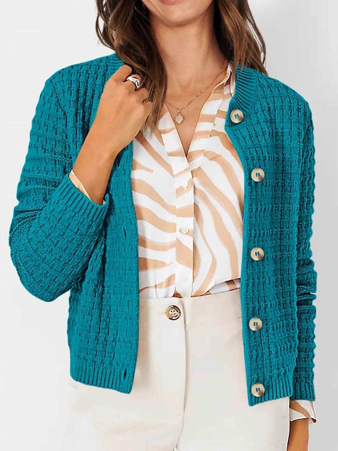 Textured Knit Cardigan - Button-Front Style for Effortless Elegance - EBYNN