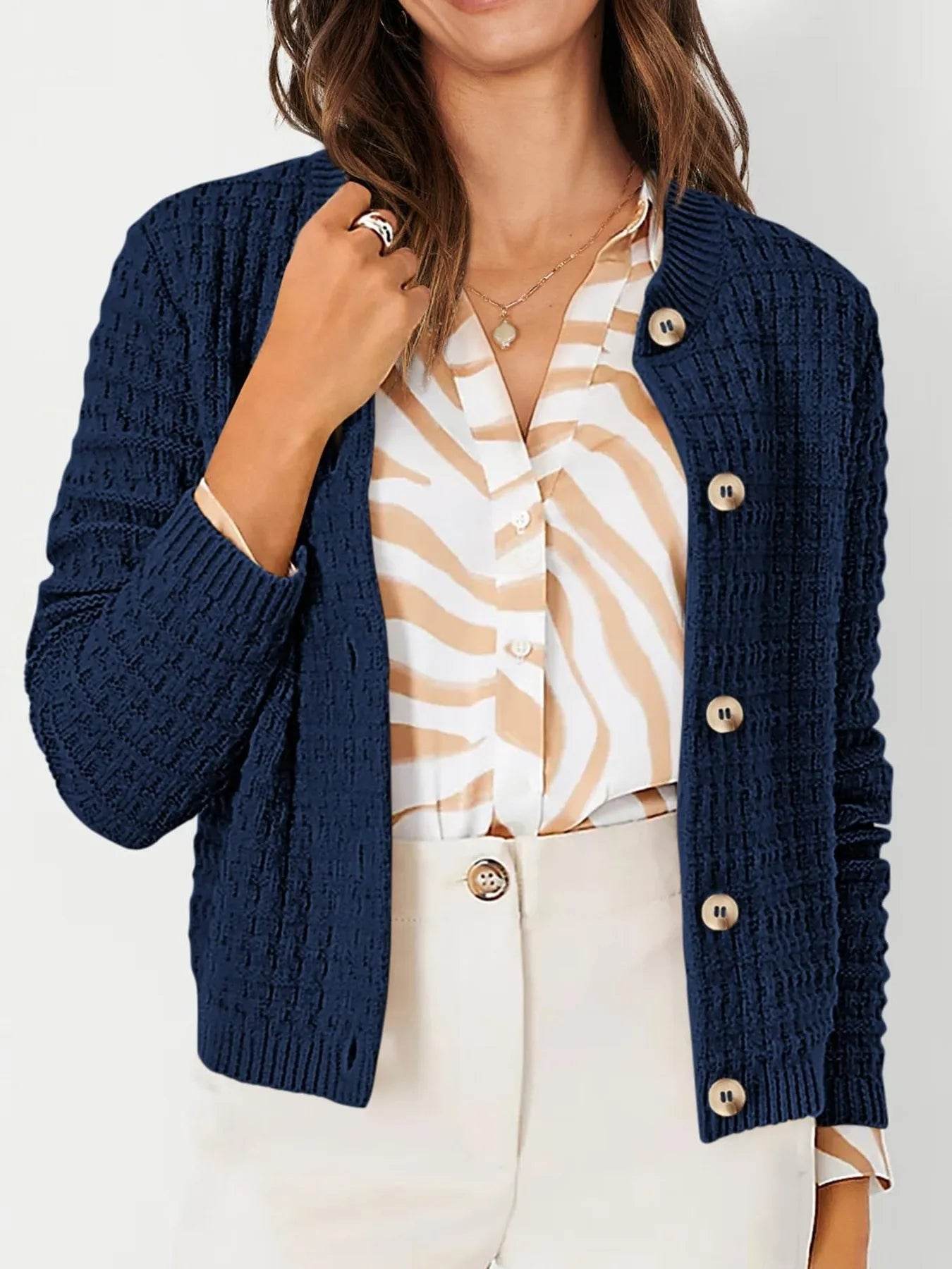 Textured Knit Cardigan - Button-Front Style for Effortless Elegance - EBYNN