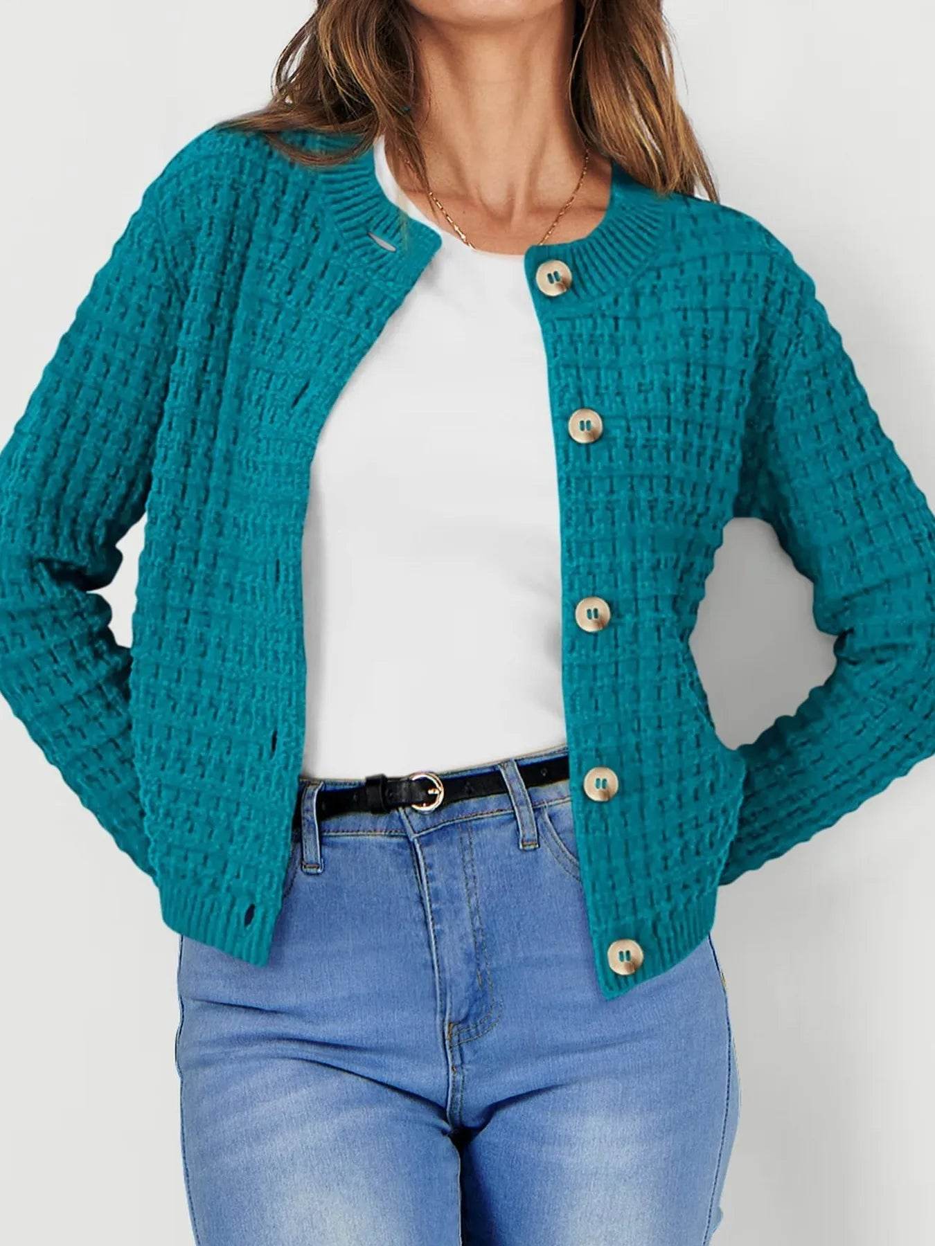 Textured Knit Cardigan - Button-Front Style for Effortless Elegance - EBYNN