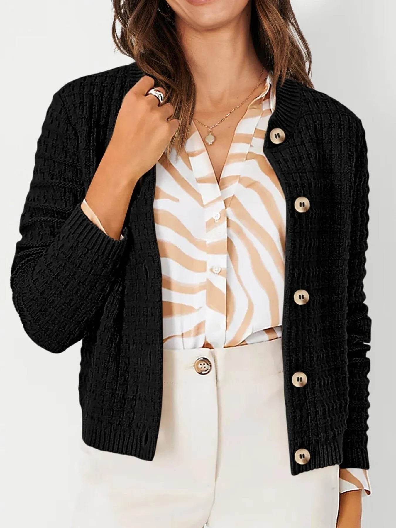 Textured Knit Cardigan - Button-Front Style for Effortless Elegance - EBYNN
