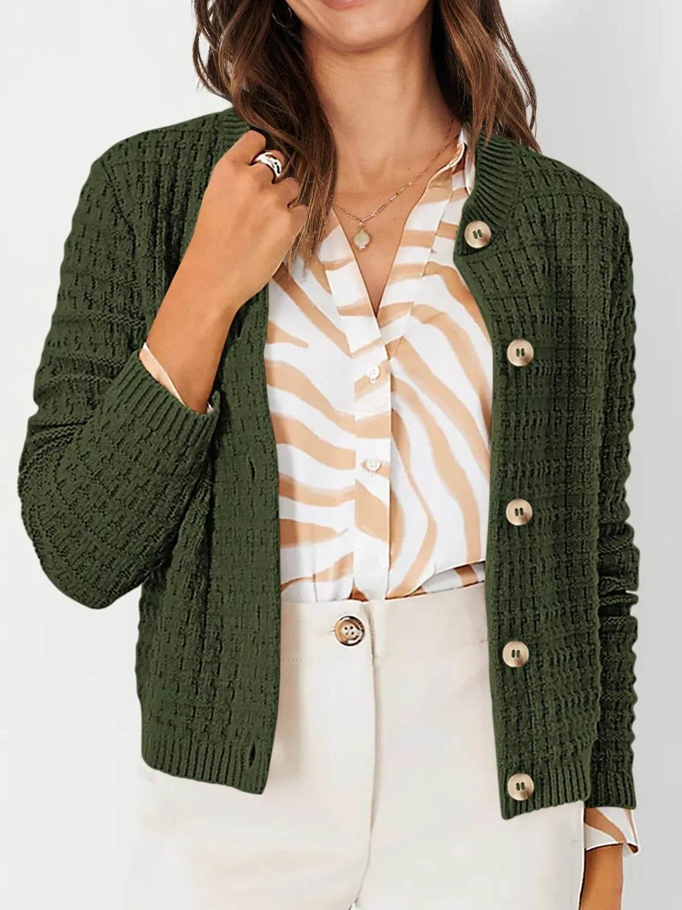 Textured Knit Cardigan - Button-Front Style for Effortless Elegance - EBYNN