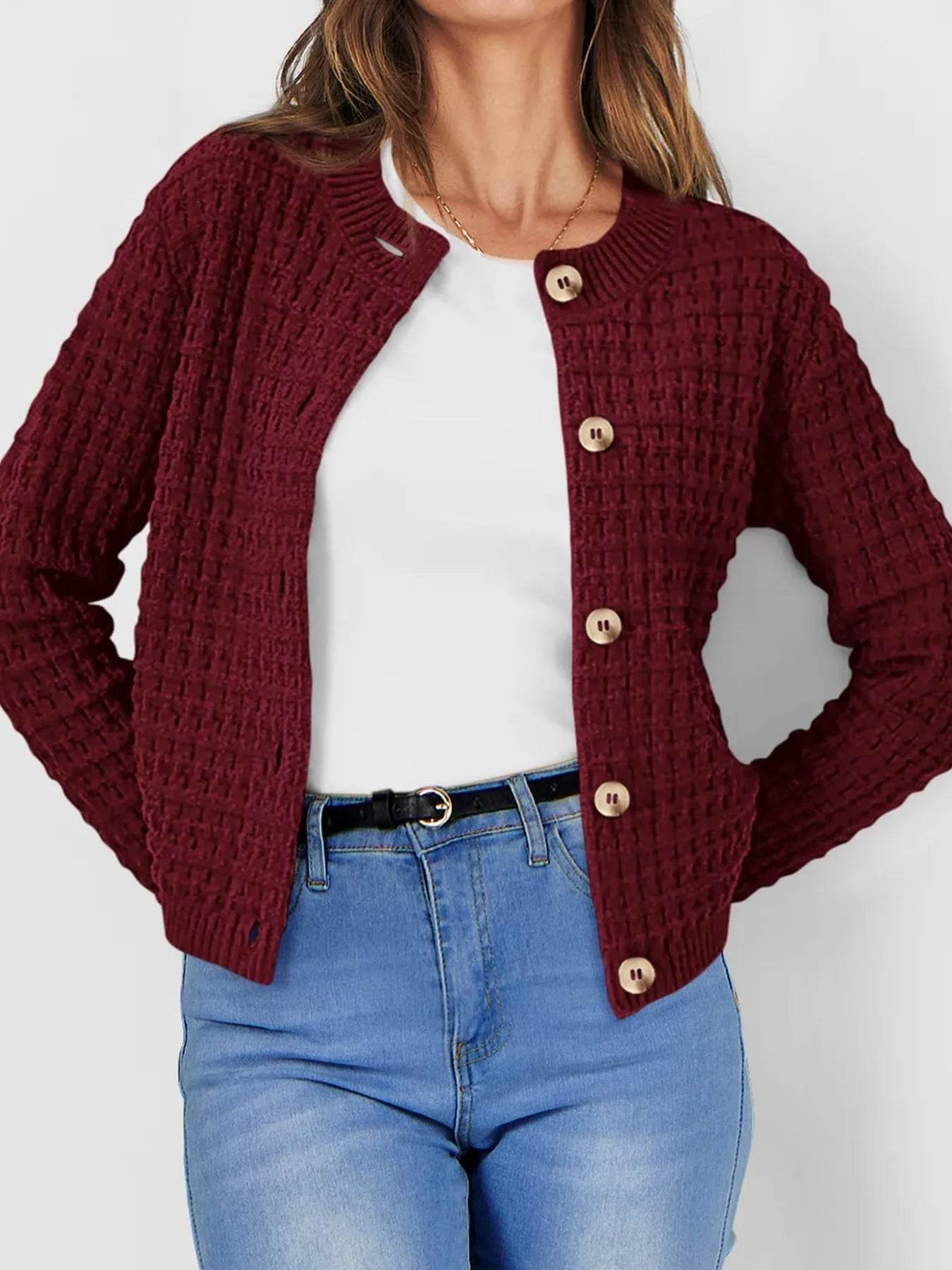 Textured Knit Cardigan - Button-Front Style for Effortless Elegance - EBYNN