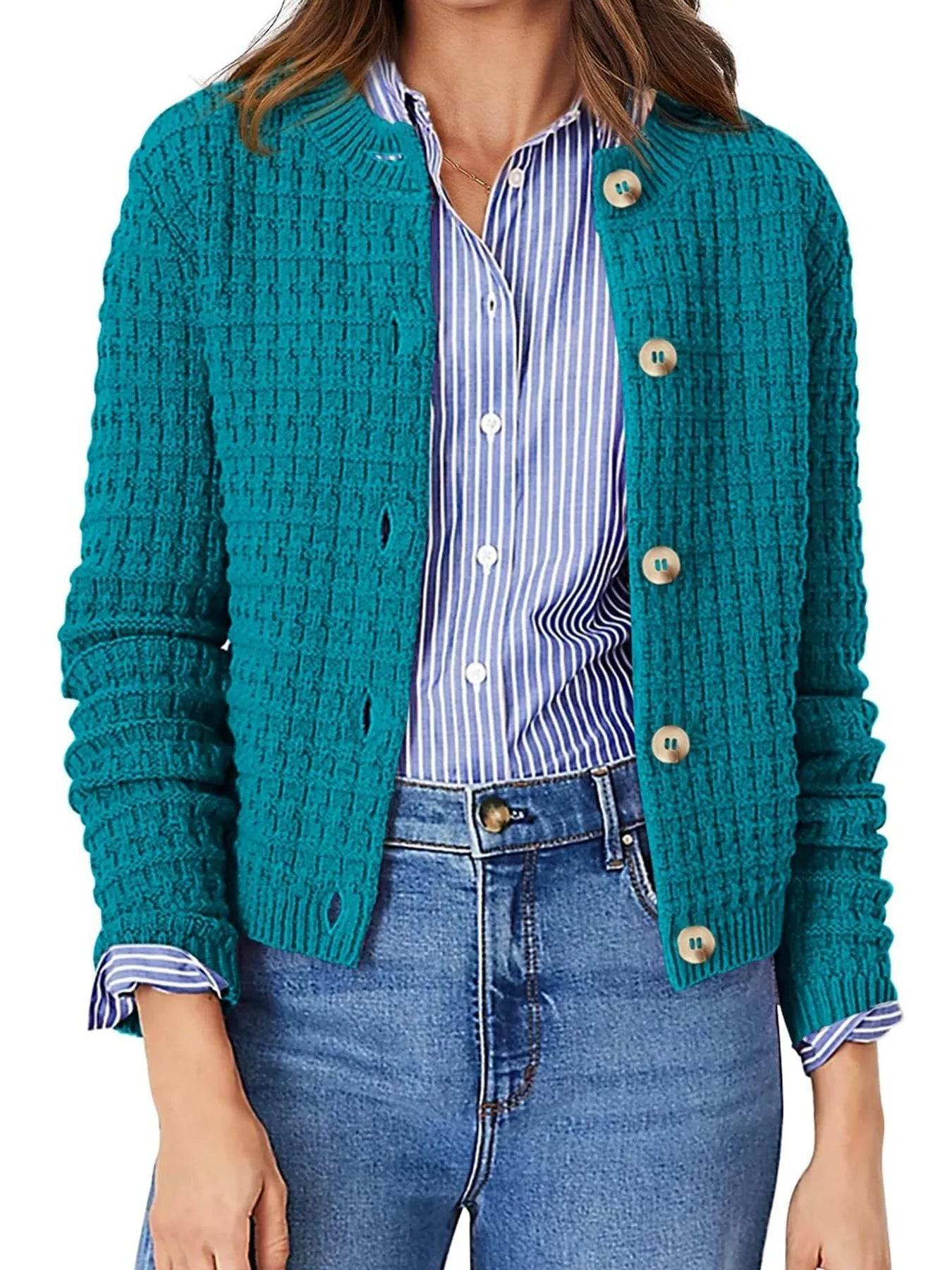 Textured Knit Cardigan - Button-Front Style for Effortless Elegance - EBYNN