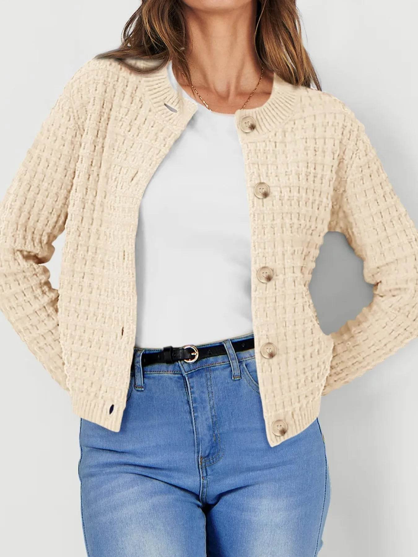 Textured Knit Cardigan - Button-Front Style for Effortless Elegance - EBYNN