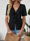 Tie Front Blouse - Stylish V-Neck Top for Effortless Chic - EBYNN
