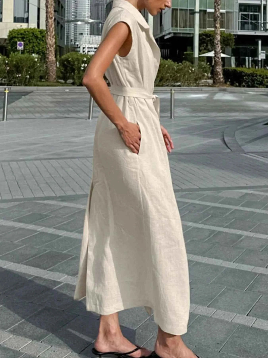 Elegant Tie Waist Cap Sleeve Maxi Dress.