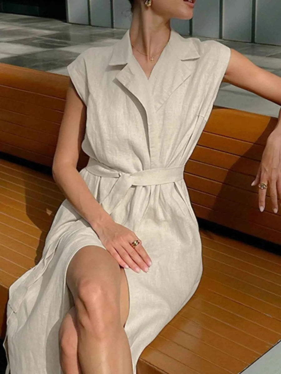 Elegant Tie Waist Cap Sleeve Maxi Dress.