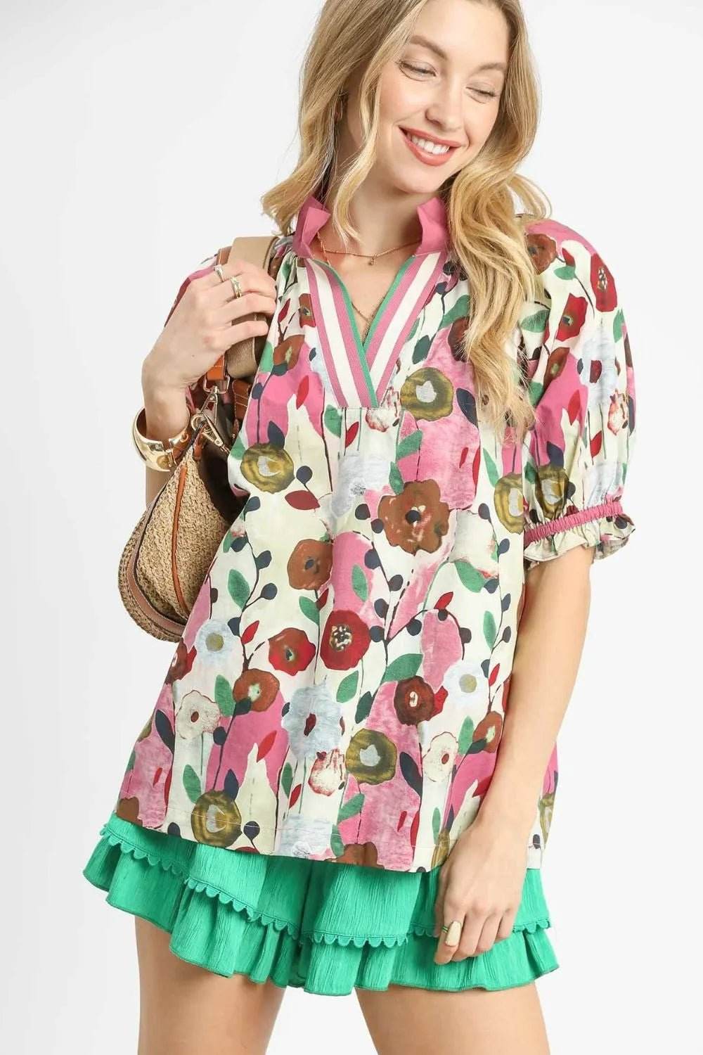 Umgee Floral Blouse - Oversized Puff Sleeve Style - EBYNN