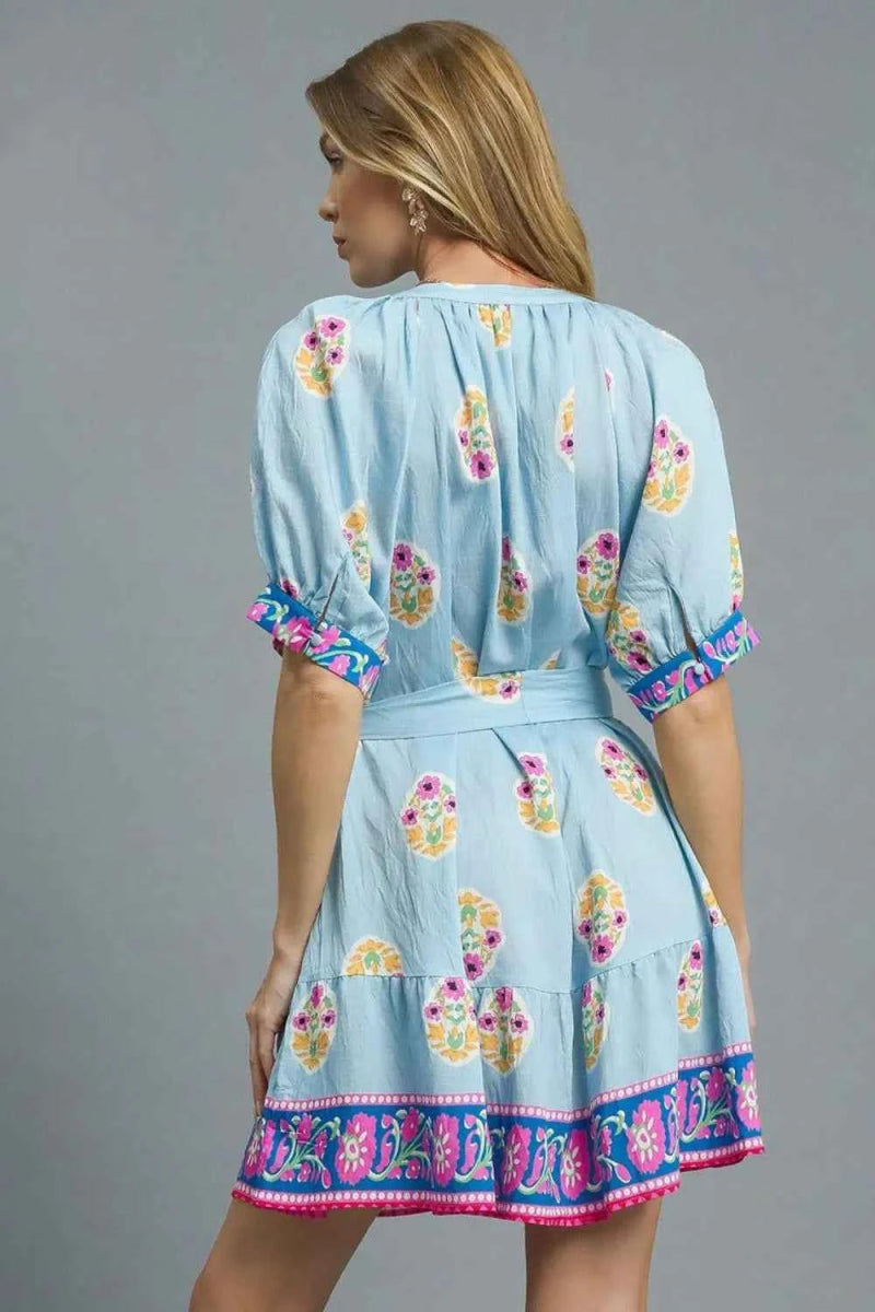 Umgee Floral Print Tie Waist Short Sleeve Dress.