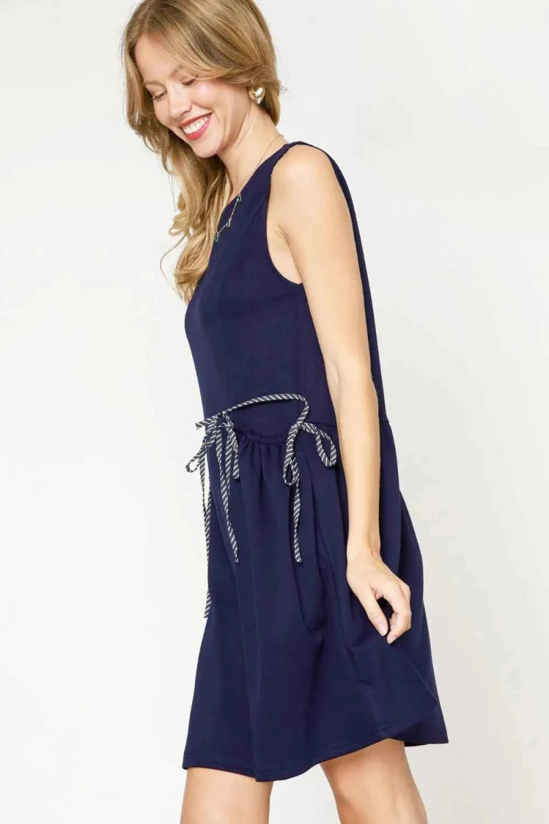 Umgee Navy Blue Round Neck Sleeveless Tank Dress with Pockets.