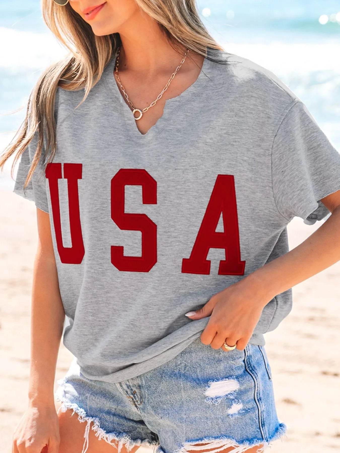 USA Lettering Patch T-Shirt with Notched Neck for Stylish Casual Wear - EBYNN