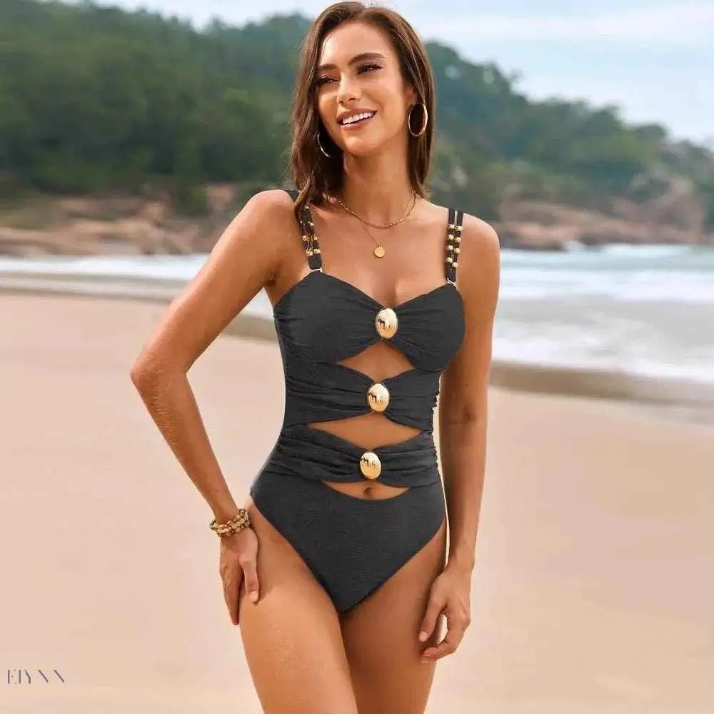 EBYNN Cutout One-Piece Swimsuit with Gold Accent Buttons - EBYNN