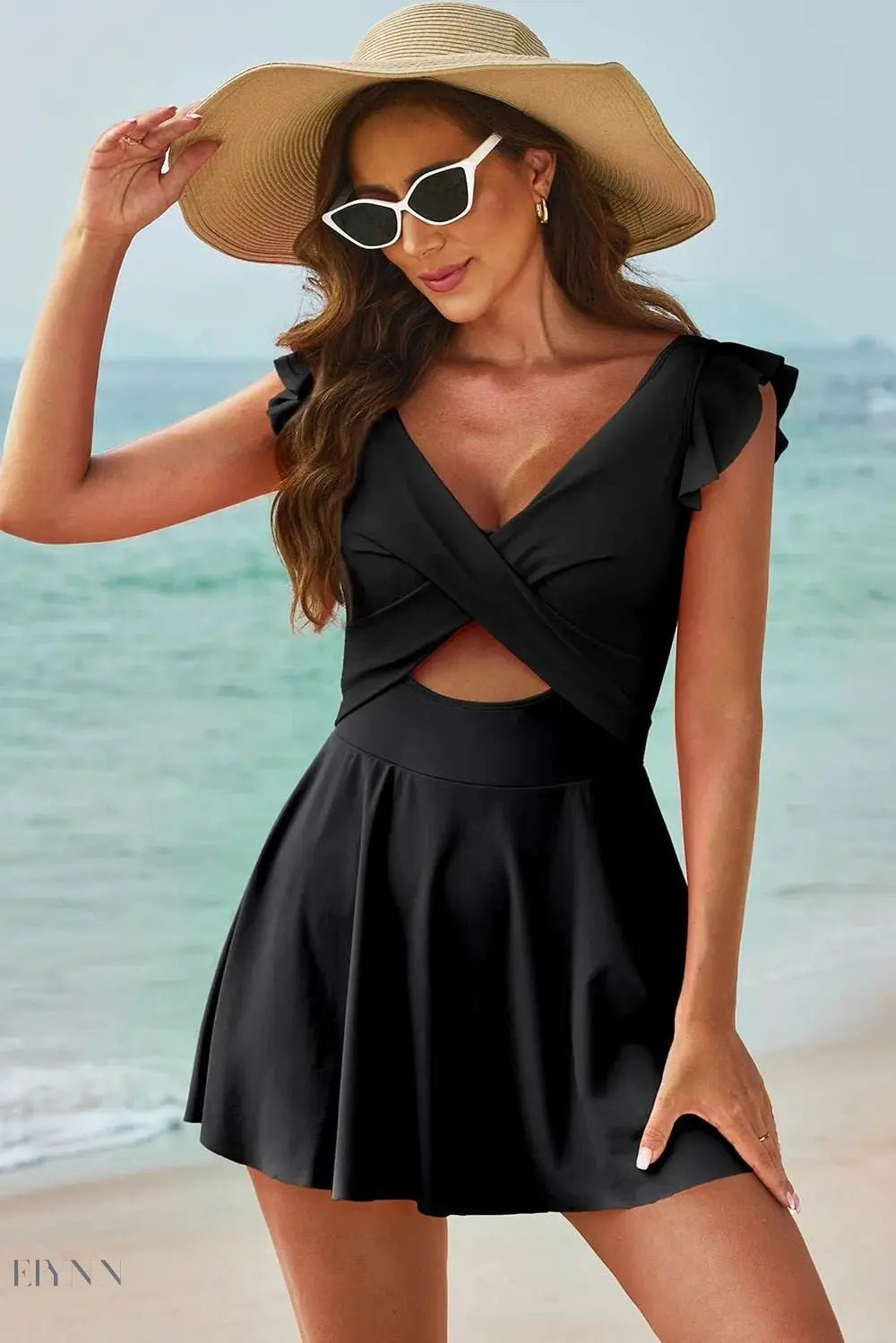 Cutout V-Neck One-Piece Swimsuit with Skirt - EBYNN