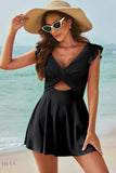 Cutout V-Neck One-Piece Swimsuit with Skirt - EBYNN