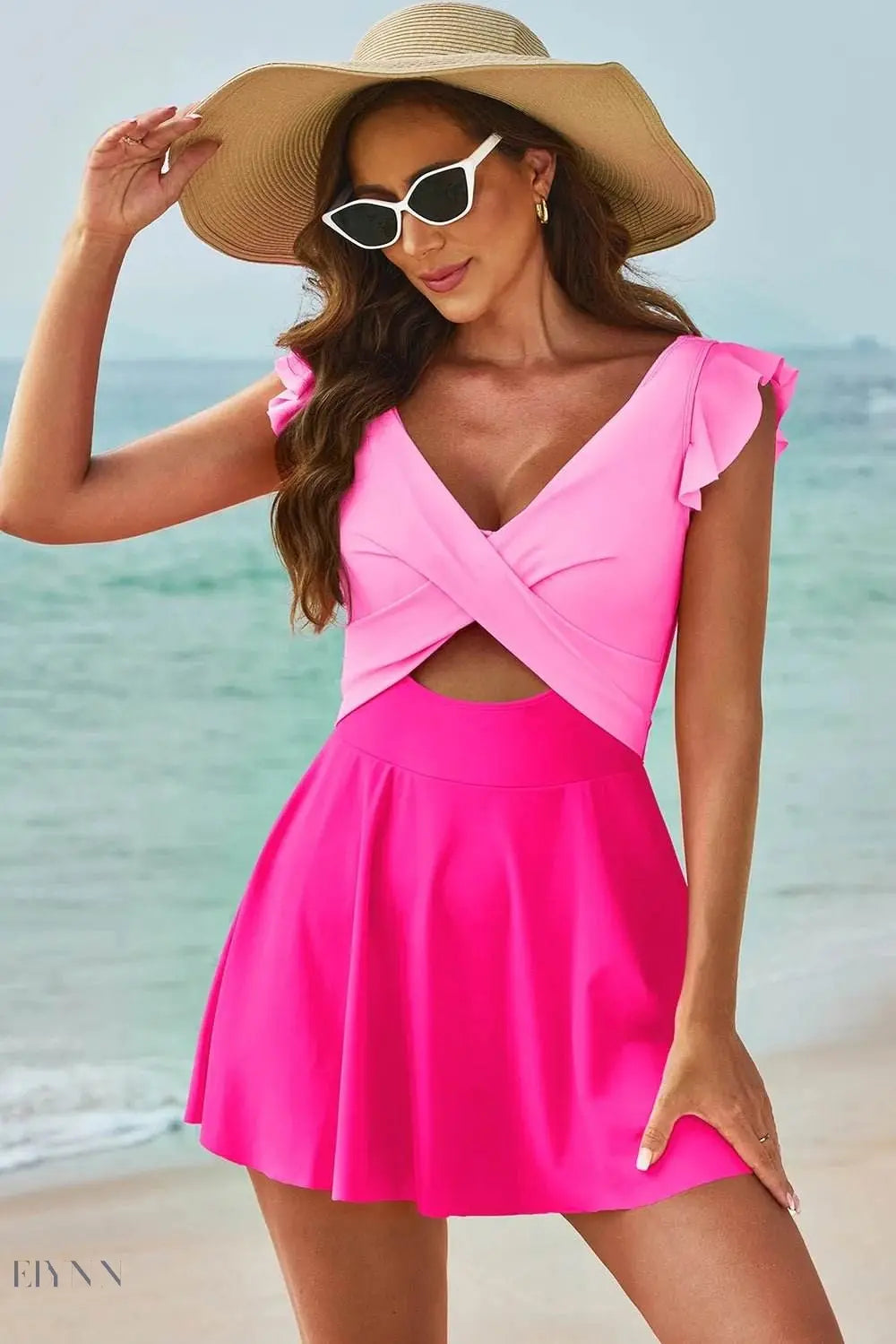 Cutout V-Neck One-Piece Swimsuit with Skirt - EBYNN