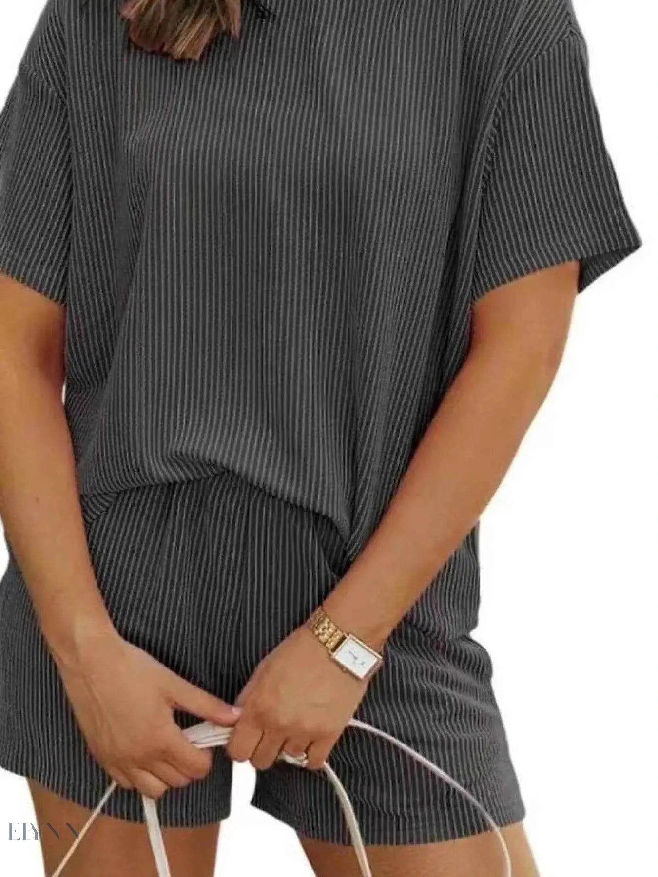 Full Size Ribbed Two-Piece Set: Short Sleeve Top and Shorts - EBYNN