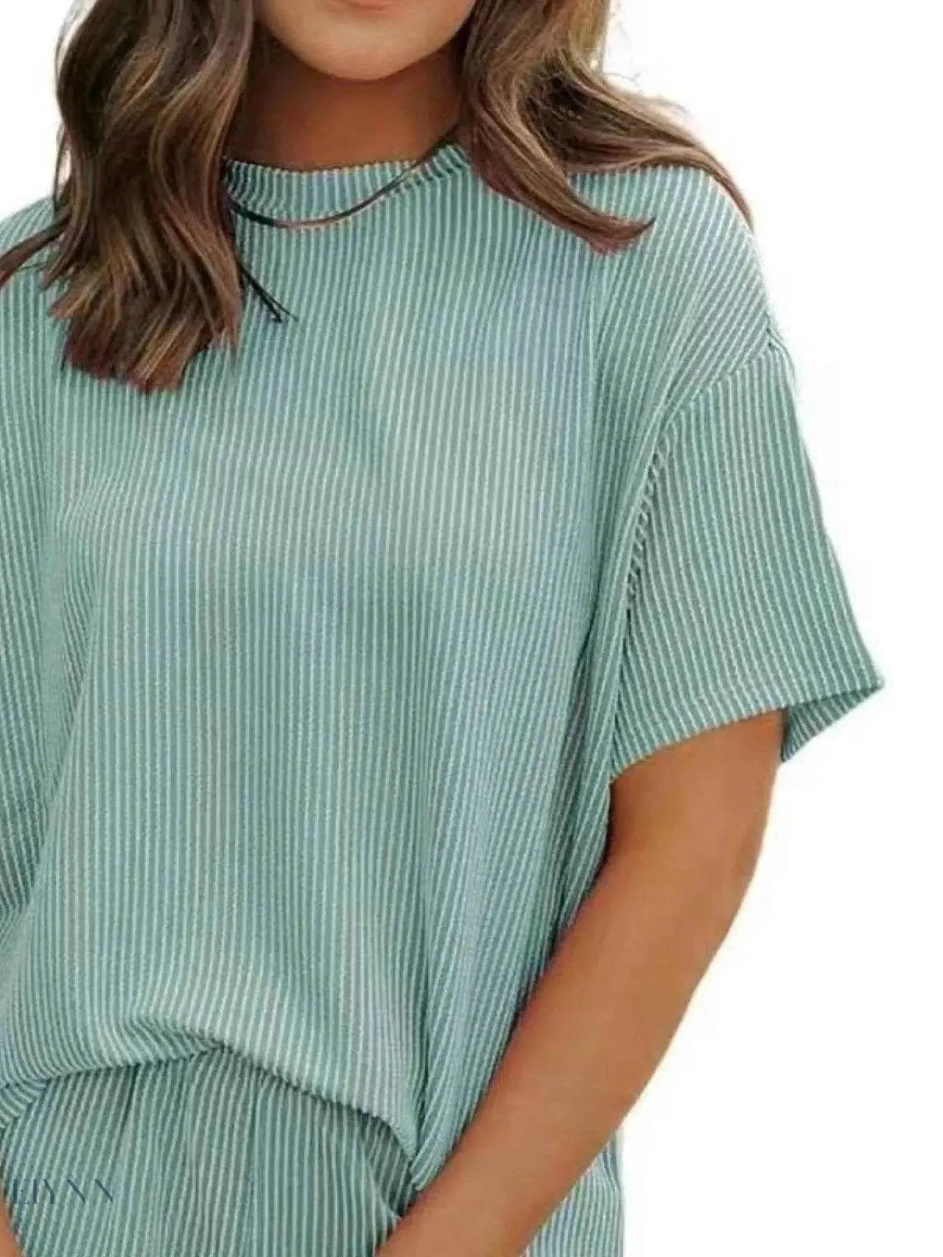Full Size Ribbed Two-Piece Set: Short Sleeve Top and Shorts - EBYNN