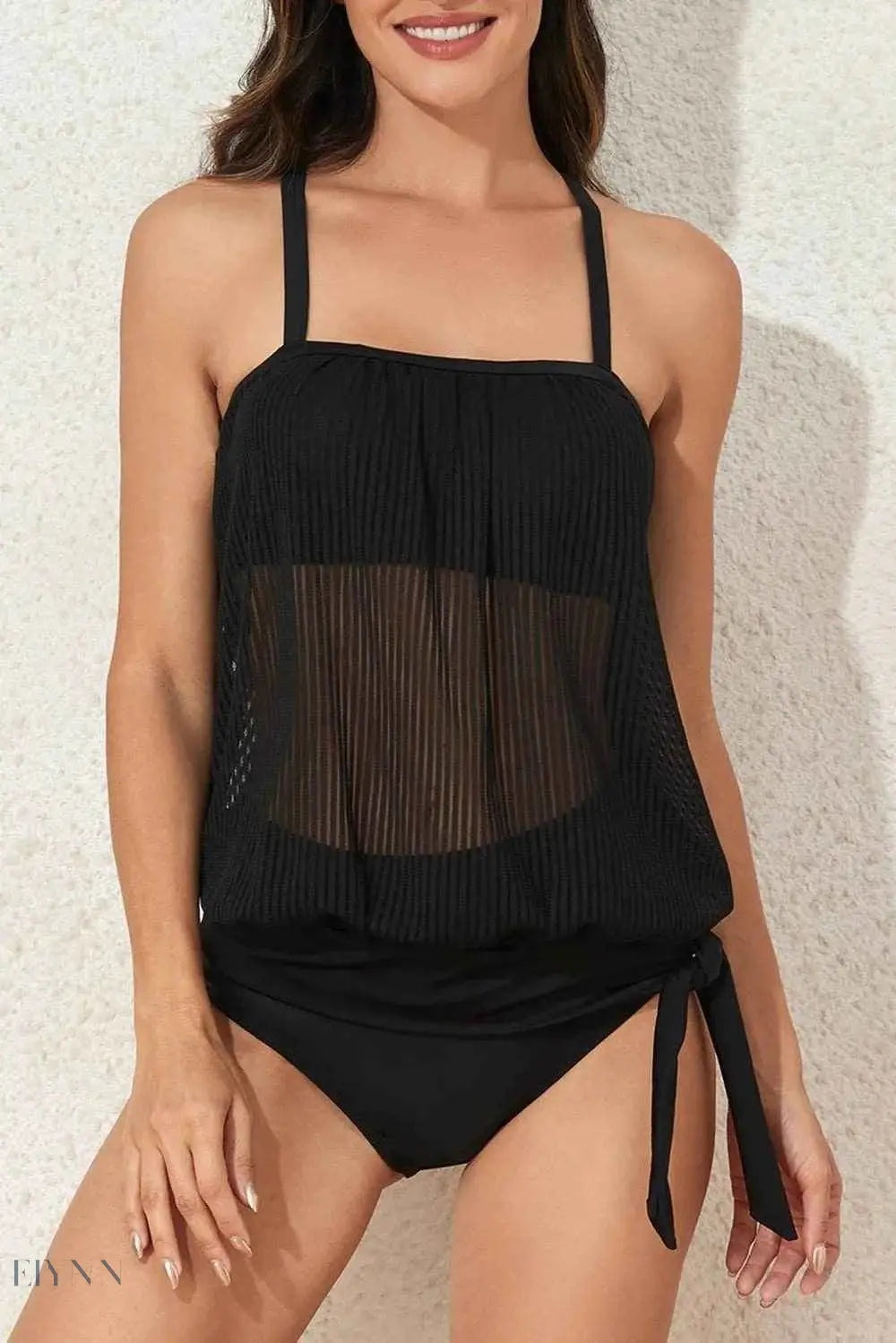 Square Neck Tankini Set with Tie Waist Detail - EBYNN