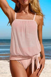 Square Neck Tankini Set with Tie Waist Detail - EBYNN
