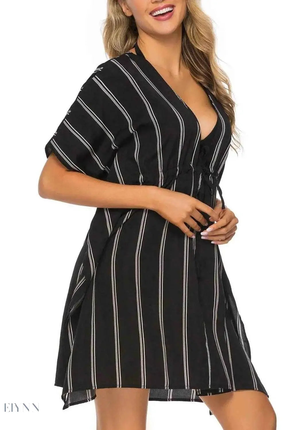 Striped Beach Cover Up with V-Neck and Drawstring - EBYNN