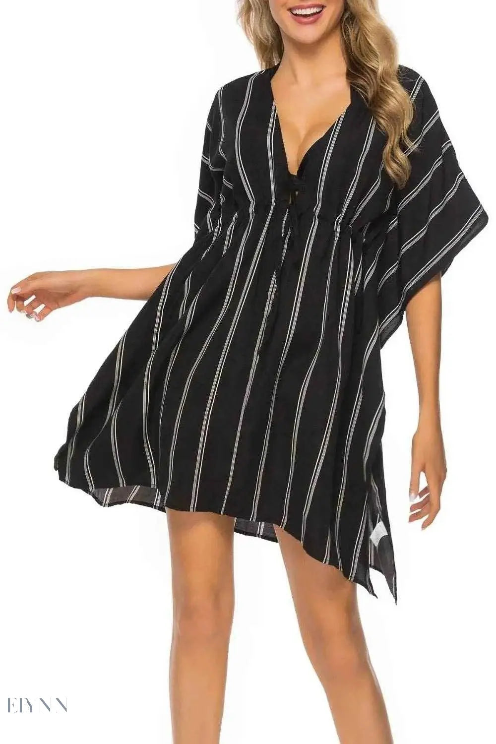 Striped Beach Cover Up with V-Neck and Drawstring - EBYNN