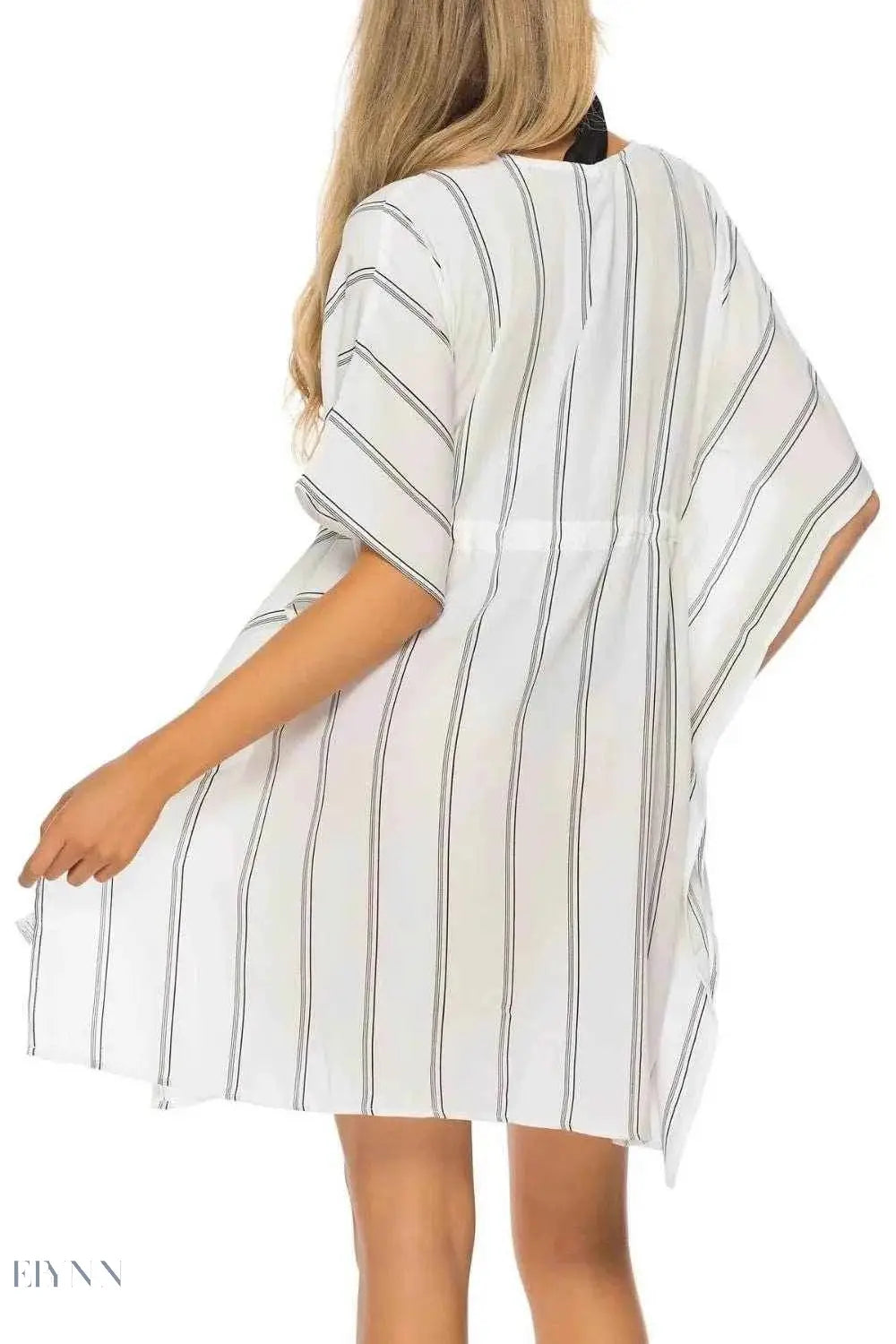 Striped Beach Cover Up with V-Neck and Drawstring - EBYNN