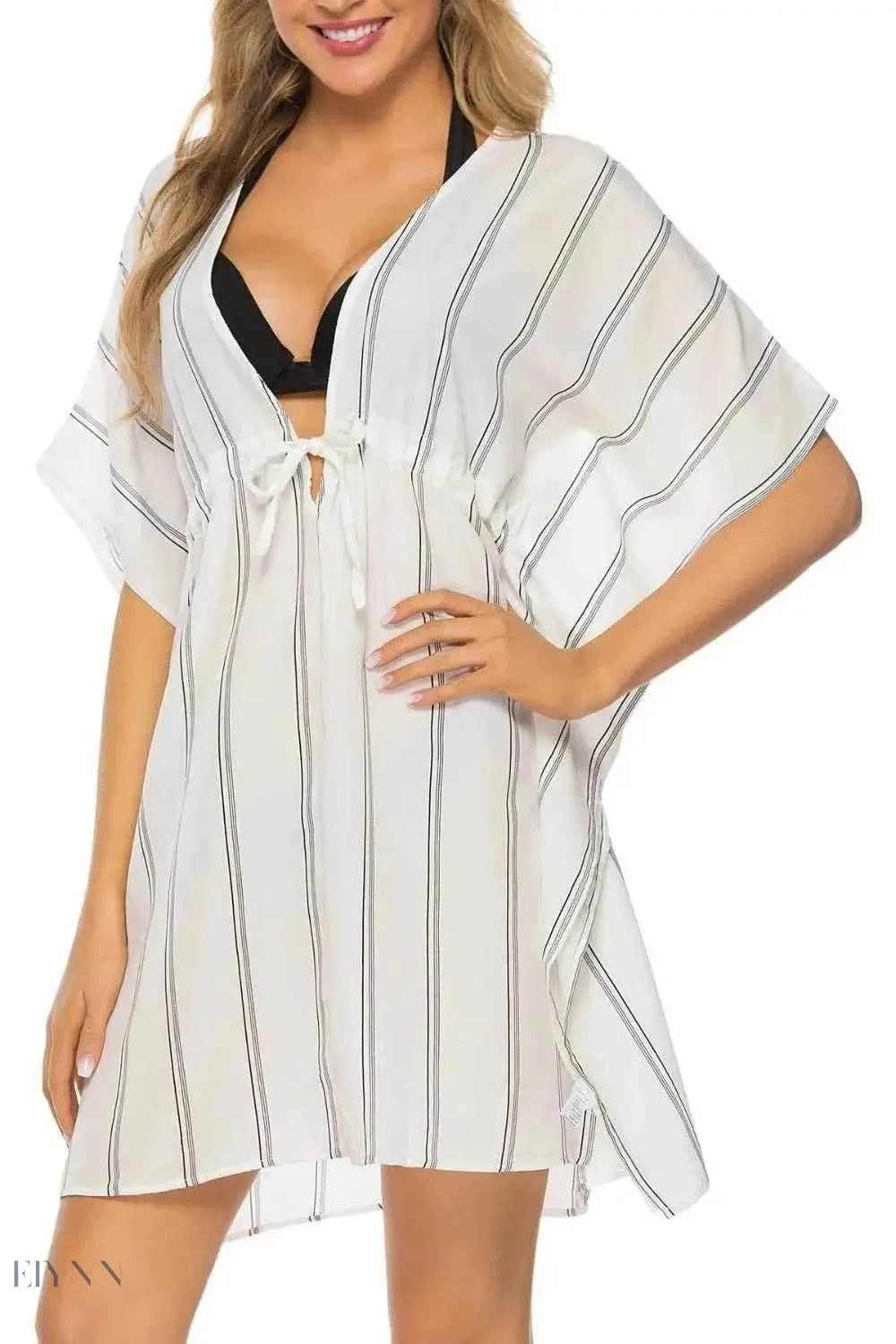 Striped Beach Cover Up with V-Neck and Drawstring - EBYNN