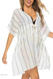 Striped Beach Cover Up with V-Neck and Drawstring - EBYNN