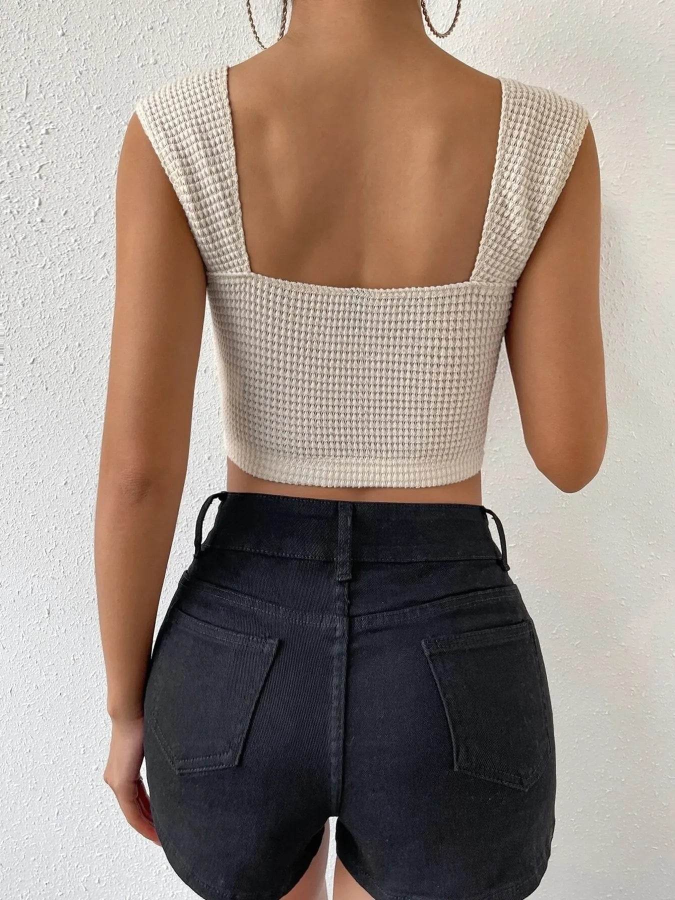 Waffle Knit Tank Top with Sweetheart Neck Design - EBYNN