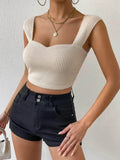 Waffle Knit Tank Top with Sweetheart Neck Design - EBYNN
